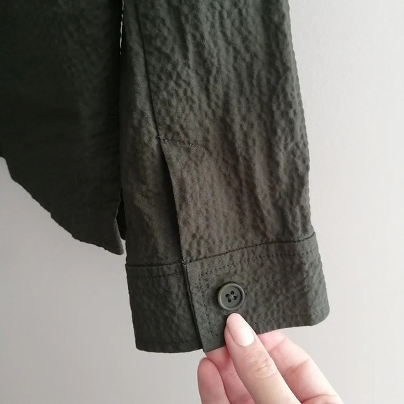 Eileen Fisher Organic Cotton Pucker Mandarin Collar Jacket Green Oversize XS - Picture 10 of 15